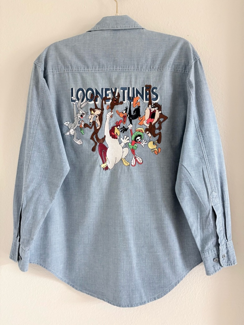 Vintage 90s Warner Bros Studio Store Embroidered Character Striped Chambray | SM